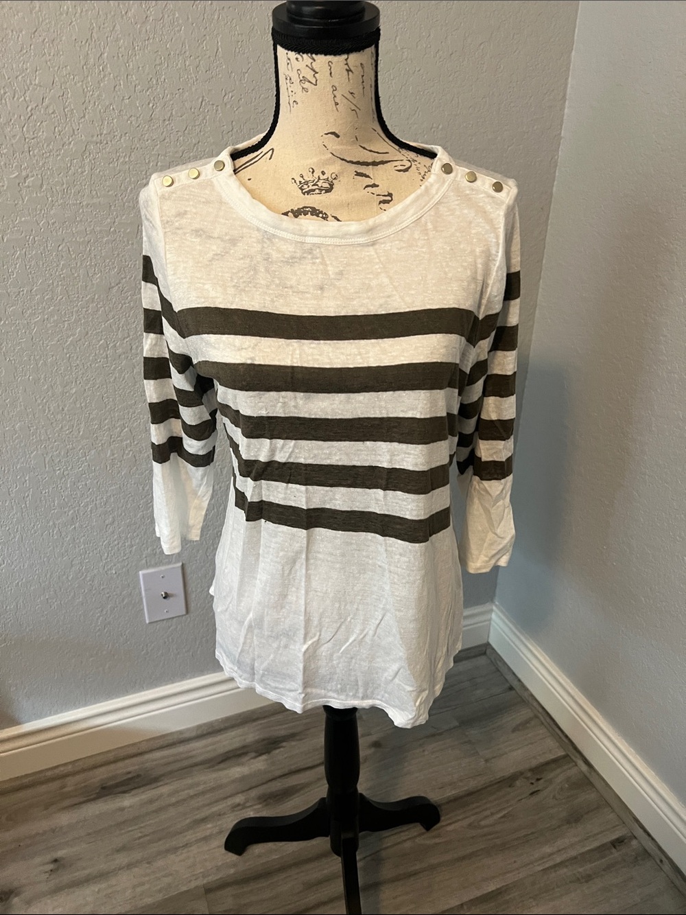 Chico's White & Olive Striped Button-Shoulder Long Sleeve Top